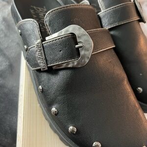 Blowfish Black Mules with Silver Buckle